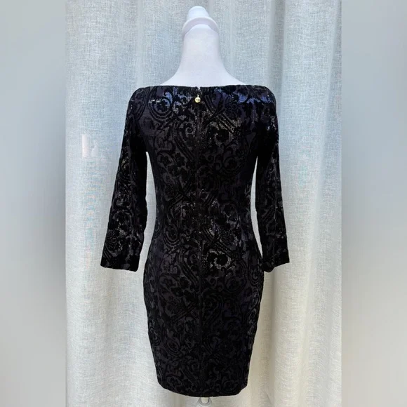 Just Cavalli black blue sequins velvet flocking long sleeve mini dress